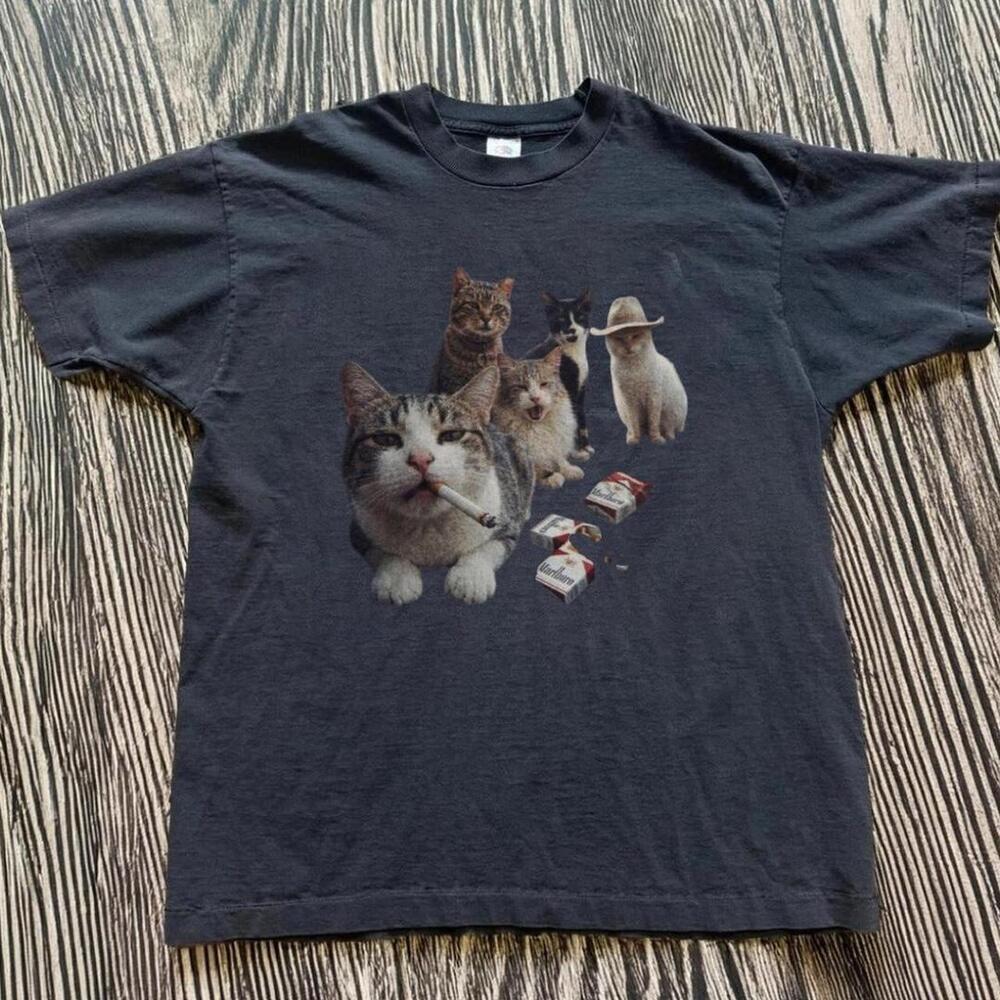 Gildan Black T Shirt Black Cat Smoking Tee